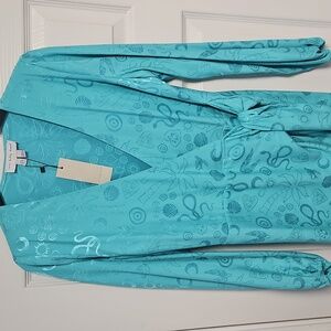 Never Fully Dressed Long Sleeve Wrap Midi Dress: Blue Print: Size- US 4